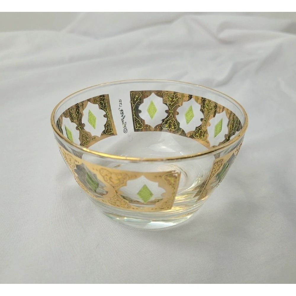 Vintage Valencia by CULVER 4" Round Bowl Green/Gold Filigree Design